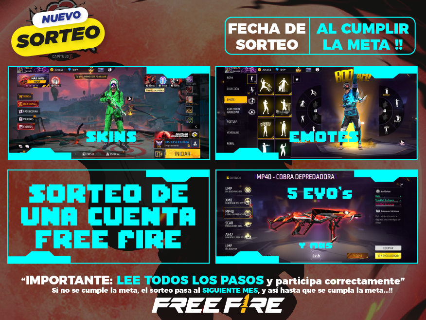 Sorteo especial de 01 cuenta Free Fire - Comenta para cumplir la meta señalada y participar en este sorteo...